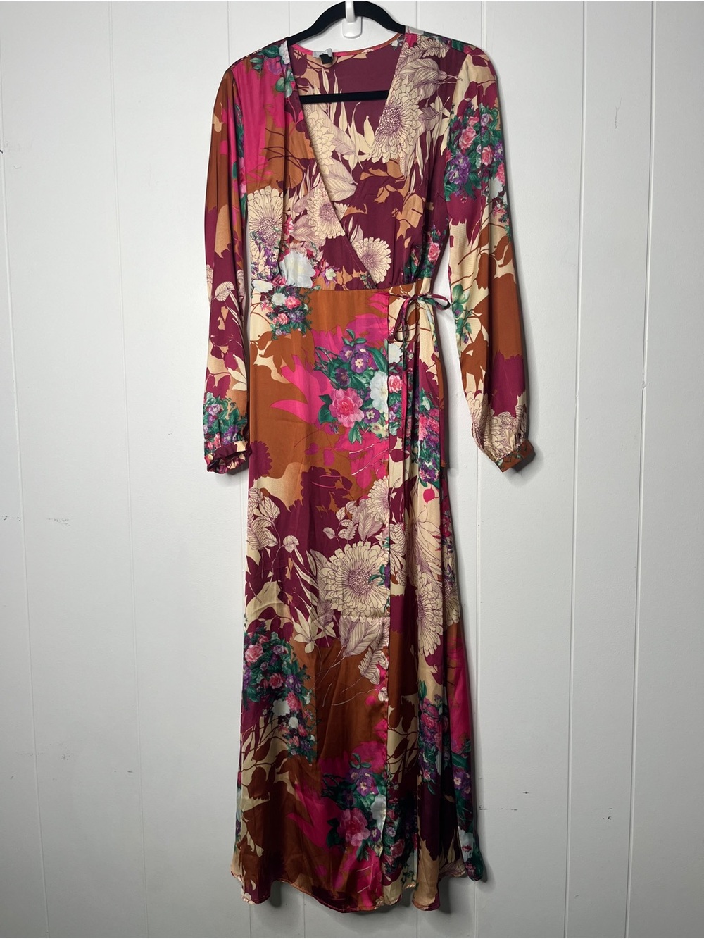 Lululs Put on a Smile Burgundy Floral Print Satin Wrap Maxi Dress